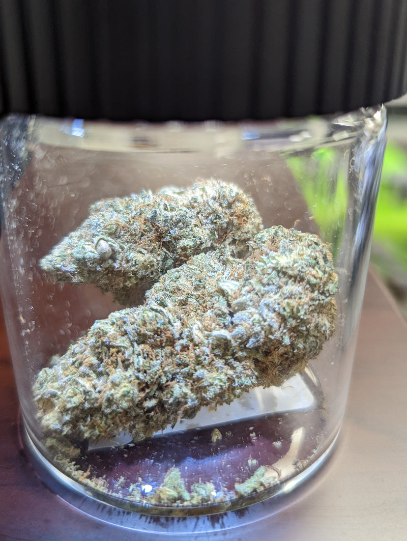 Cannabis buds inside a clear jar labeled "Zkittles 3.5g" by Baggie Boys Exotics, showing dense, colorful, and frosty flower.