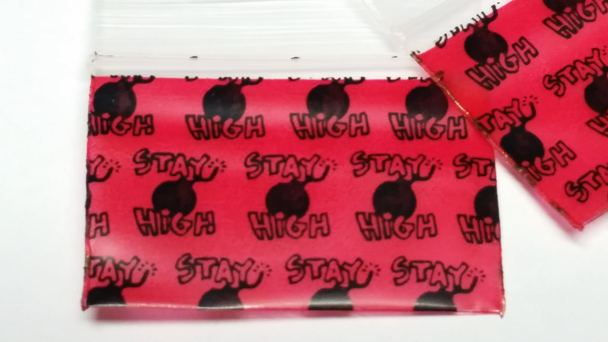 Resealable Original Apple Bags with 1.5 x 1-inch size, featuring the STAY HIGH branding, ideal for secure storage.