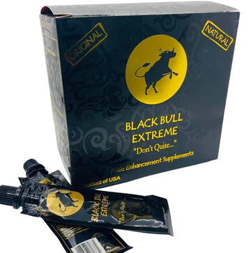 Black Bull Extreme Honey dietary supplement box by Royal Honey VIP, featuring honey-based male enhancement ingredients.