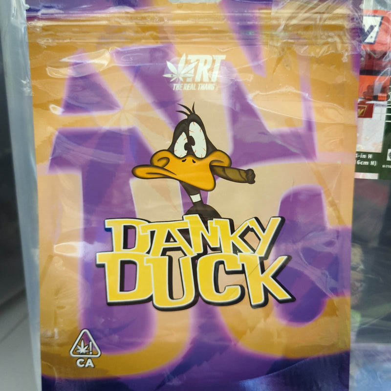Smell-proof Danky Duck pouch from Designer Mylar with a colorful duck design, made of durable, odor-resistant material.