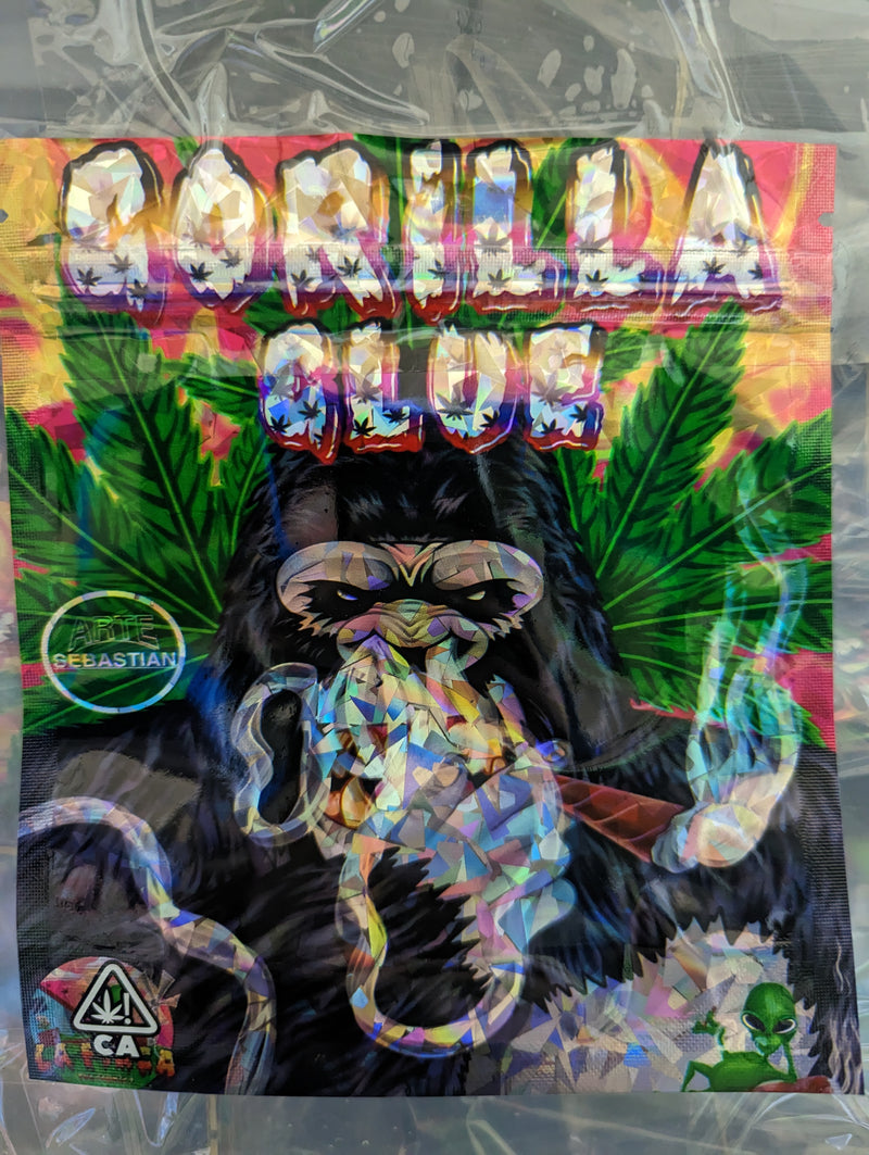 Smell-proof Gorilla Glue container by Designer Mylar with a secure, airtight seal for odor containment.