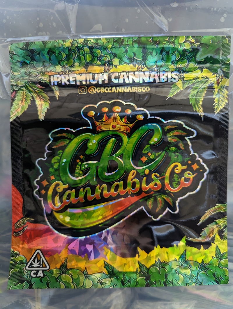 GBC Cannabis Co smell-proof Designer Mylar bag with airtight seal and cannabis branding for discreet storage.