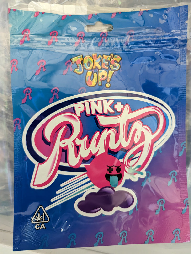 Pink Runtz smell-proof mylar bag from Designer Mylar, featuring vibrant pink design and secure airtight closure.