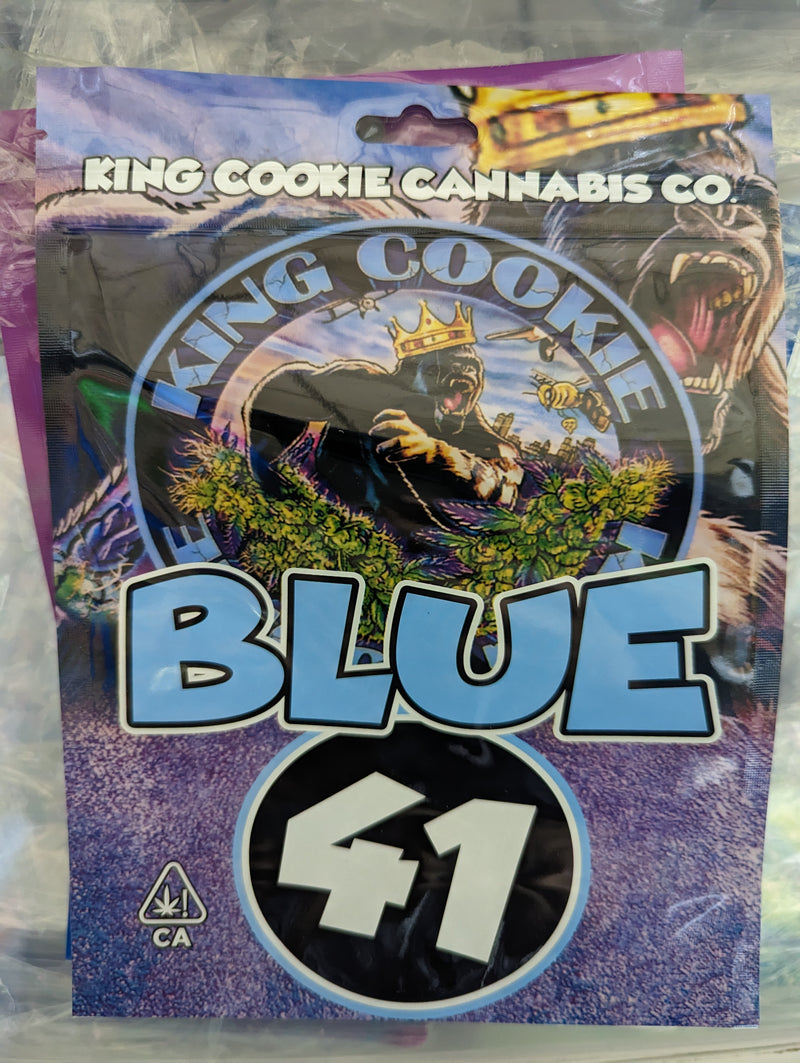 Blue Designer Mylar Smell Proof bag with secure zipper closure, designed for odor containment and storage.