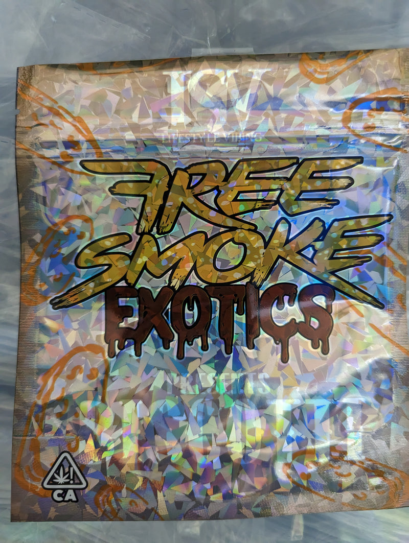 Smell-proof Designer Mylar Free Smoke Exotics bag with secure zip closure, designed for discreet storage of herbs and accessories.