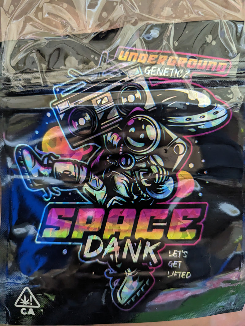 Designer Mylar Space Dank smell-proof bag with a sleek black design and secure zipper closure.