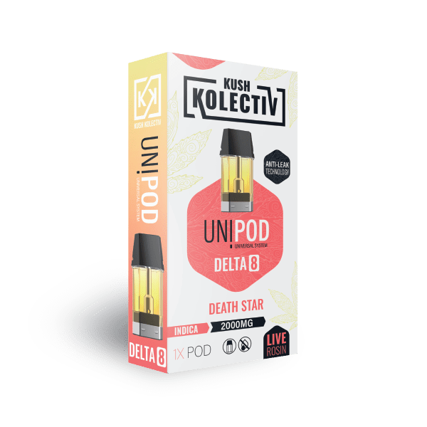 Kush Kolectiv UniPod 2g Delta 8 Live Rosin Pod featuring Death Star strain, CBD vapor pod with vibrant packaging.