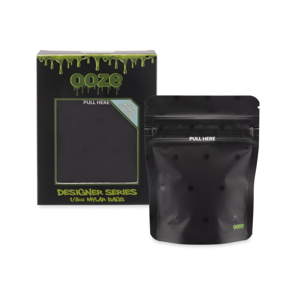 Ooze Designer Series 1/8 ounce Mylar bags in a 10-pack box with colorful logo design, ideal for storage and packaging.
