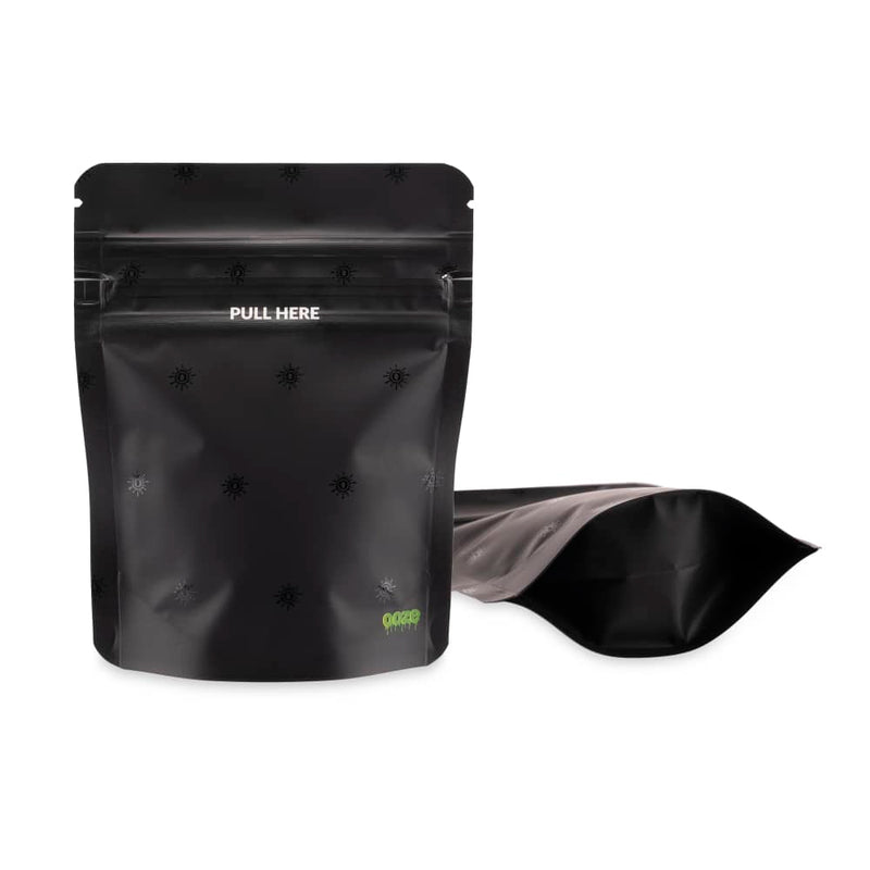 Ooze Designer Series 1/8 ounce Mylar bags with logo, 10-pack box, featuring shiny metallic finish and secure zipper closure.