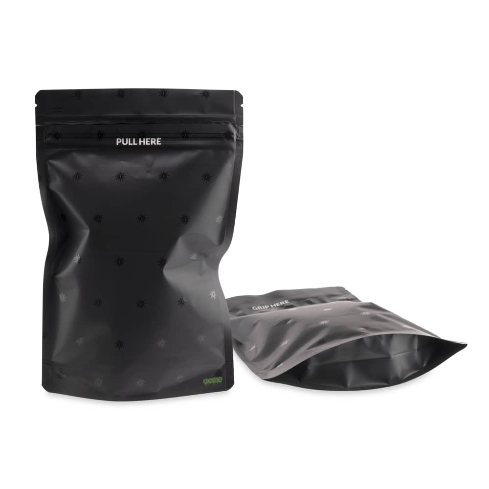Ooze Designer Series 1 Ounce Mylar Bag 10-pack with logo, featuring metallic finish and resealable zipper for storage.