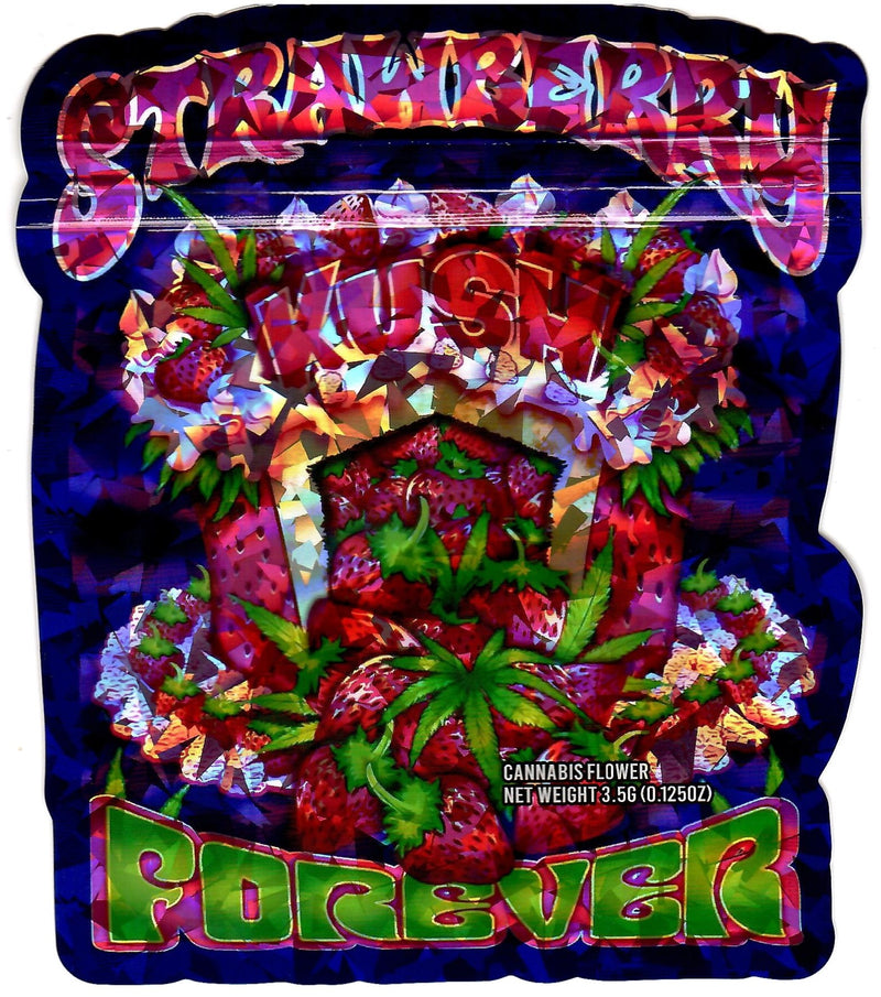 Hologram smell-proof bags featuring Strawberry Kush Forever design, set of 50, durable storage for cannabis or herbs.