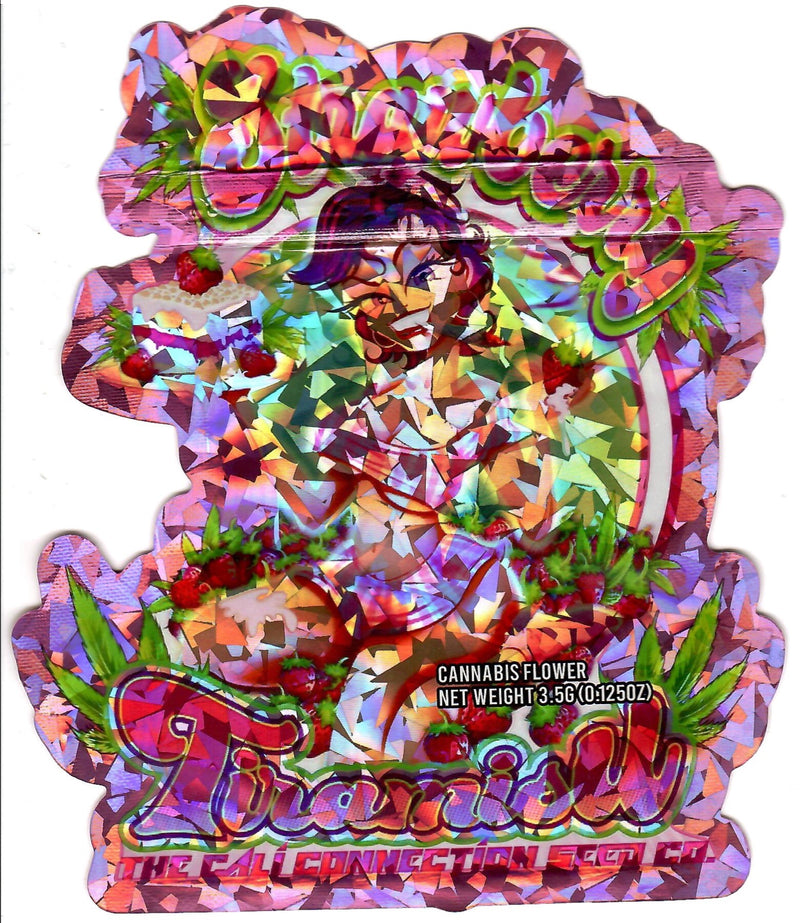 Hologram strawberry tiramisu smell-proof bags by The Baggie Store, 50-pack, featuring colorful holographic design and secure closure.