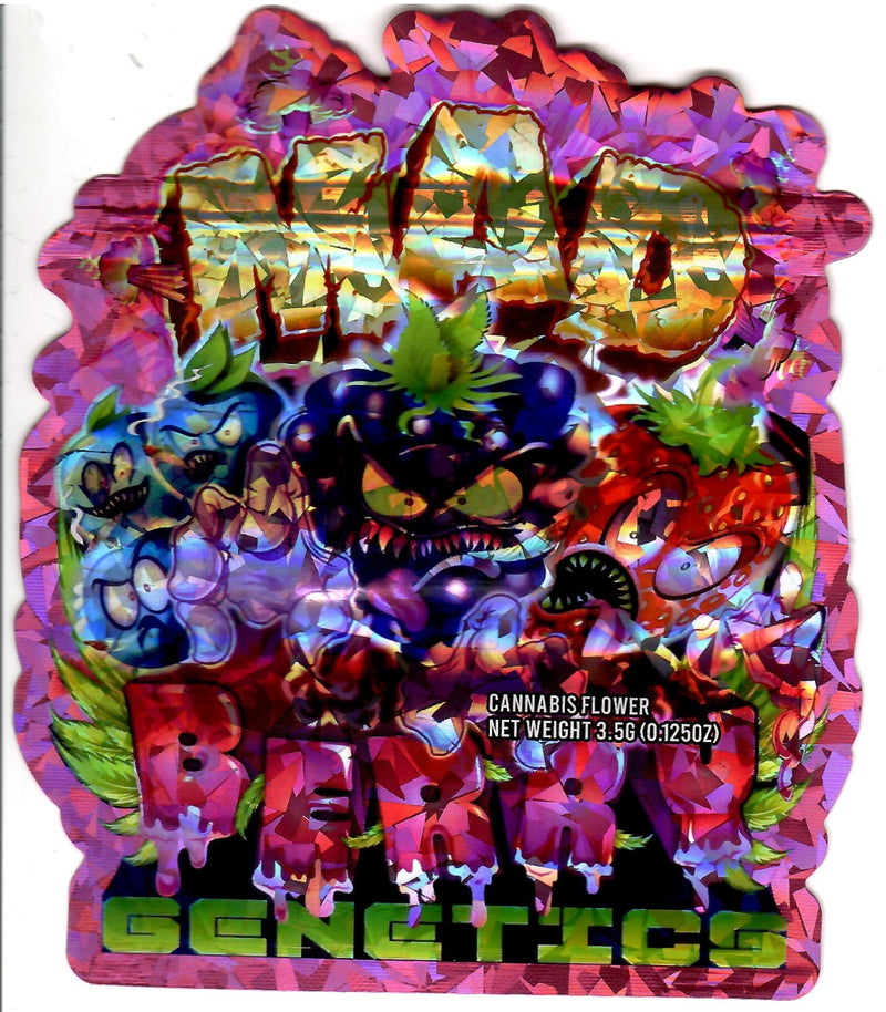 Smell-proof Mad Berry Genetics hologram storage bags, 50-pack, featuring vibrant holographic design and secure closure.