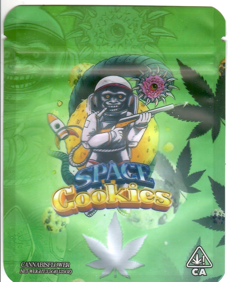 Set of 50 matte Mylar smell-proof bags for storage, featuring space cookies design from The Baggie Store.
