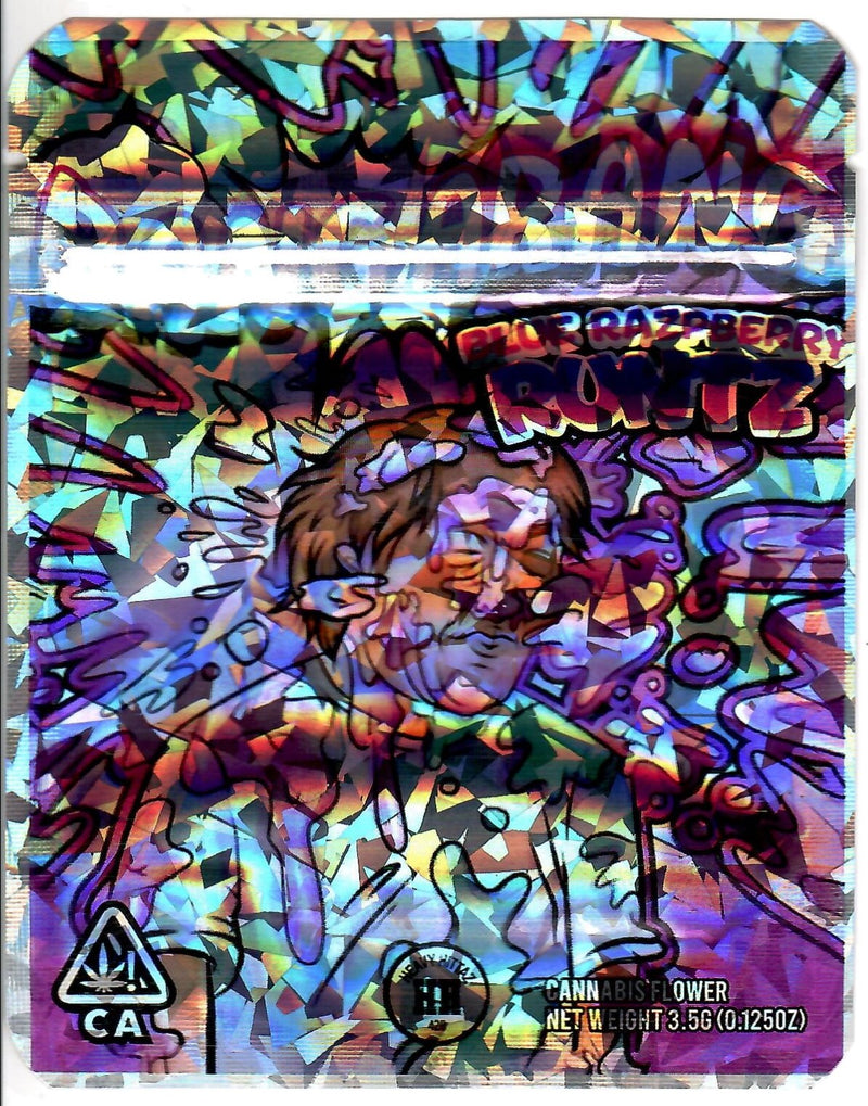 Blue Raspberry Runtz smell-proof hologram bags, 50-pack by The Baggie Store, featuring vibrant blue raspberry Runtz design.