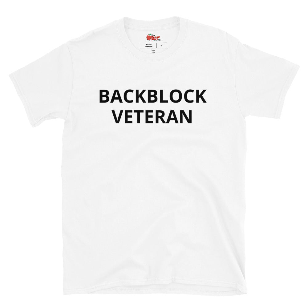 Unisex BACKBLOCK VETERAN T-shirt by The Baggie Store featuring a casual short-sleeve design with graphic print.