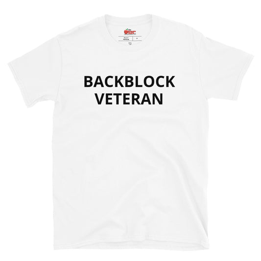 Unisex BACKBLOCK VETERAN T-shirt by The Baggie Store featuring a casual short-sleeve design with graphic print.