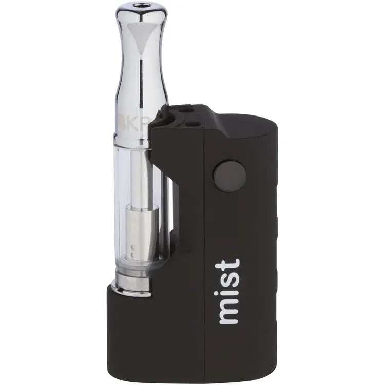 The Kind Pen Mist vaporizer in black with sleek design, featuring mouthpiece and control buttons for easy use.