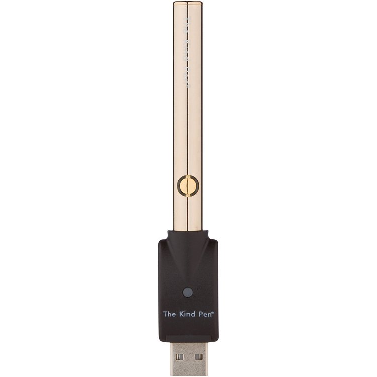 Variable voltage 510 thread vape battery by The Kind Pen, showing the sleek black device with control buttons and LED indicator.