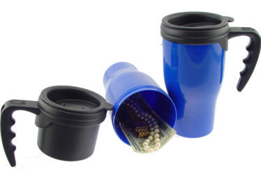 Plastic coffee mug with hidden compartment safe from Safe Cans, designed for discreet storage of valuables.