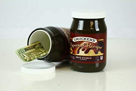 Safe Cans diversion safe designed as a Smuckers Hot Fudge jar, discreet storage container for valuables, with realistic label.