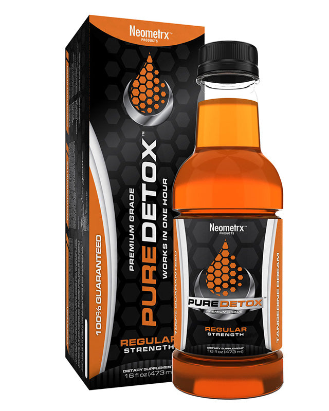 Pure Detox Regular Strength Detox 16oz bottle, natural ingredients, and clear label, designed for cleansing and detoxification.