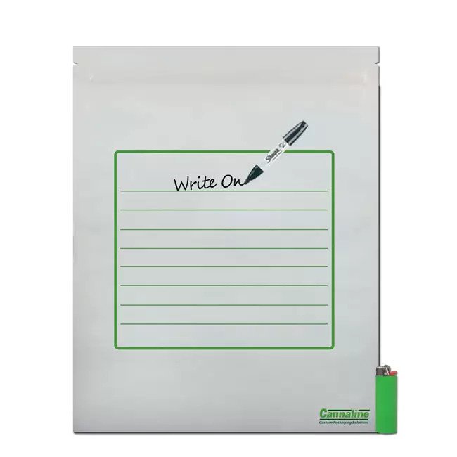 Cannaline Mylar storage bag in white and clear with writable area, designed for 1 lb of contents, ideal for secure storage.