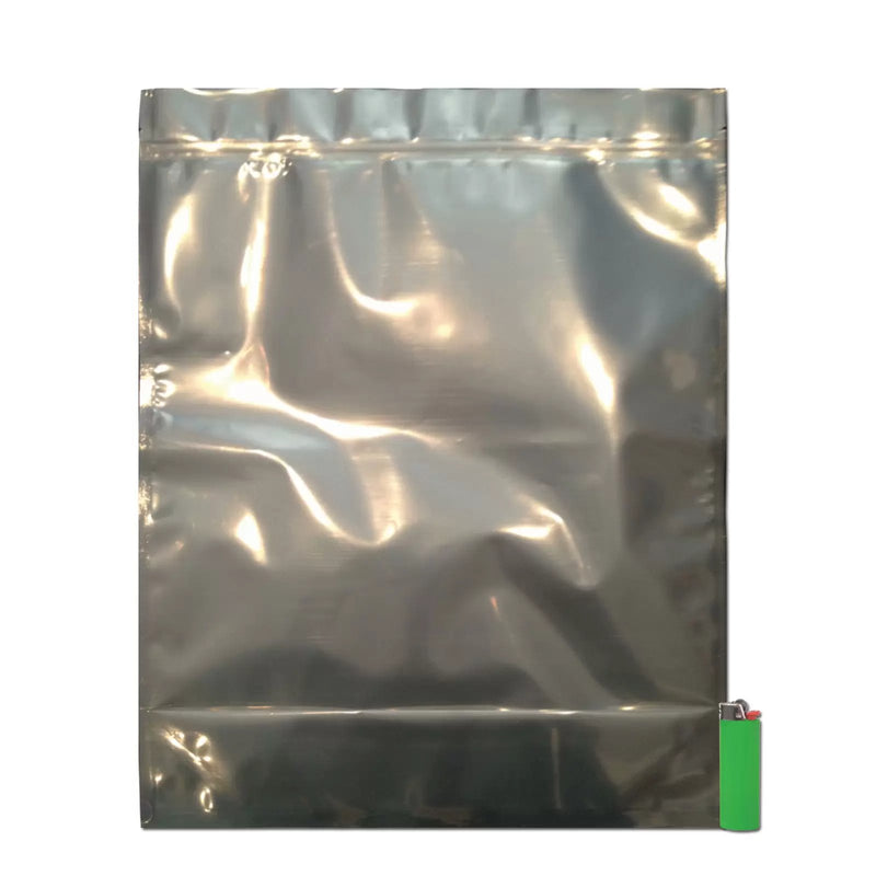 White and clear Cannaline Mylar storage bag with writable area, designed for 1 lb storage, featuring durable material and resealable closure.