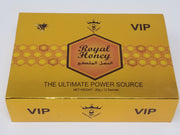 Royal Honey VIP dietary supplement for men, featuring a jar of royal honey with natural honeycomb pieces and a golden honey dipper.
