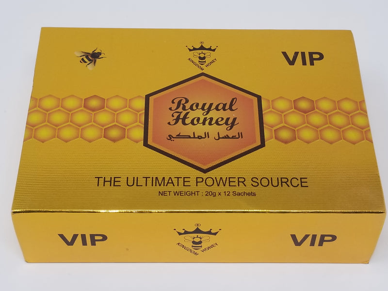 Royal Honey VIP dietary supplement for men, featuring a jar of royal honey with natural honeycomb pieces and a golden honey dipper.