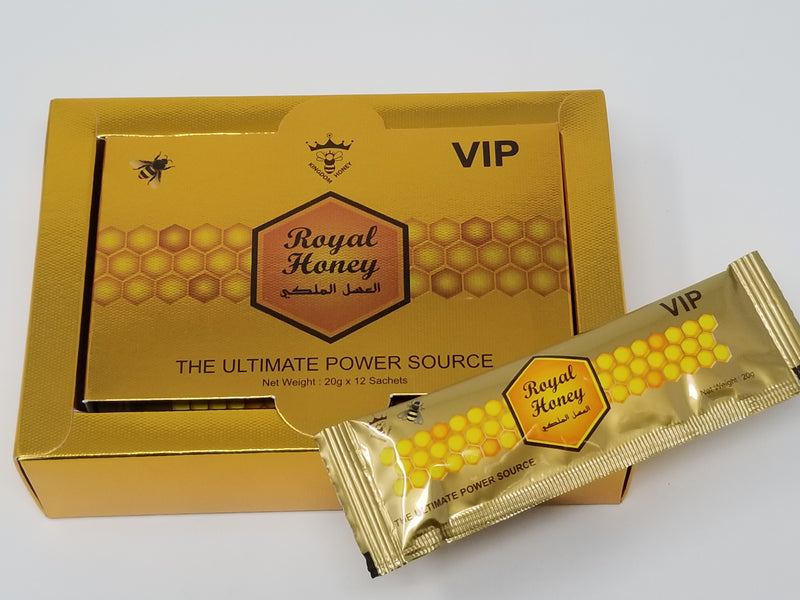 Royal Honey VIP for Men dietary supplement bottle, showing the label and product packaging.
