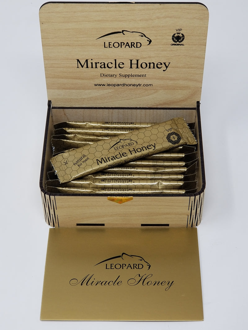 Leopard Miracle Honey dietary supplement jar with honey and herbal ingredients, in a clear glass container.