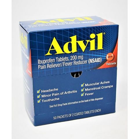 Box of DSP Advil 50's tablets, over-the-counter medicine by OTC Medicine, showing the packaging with tablets inside.