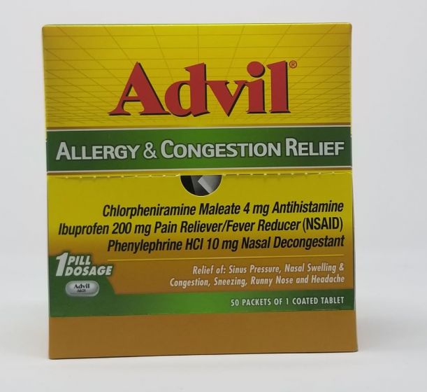 Box of DSP Advil Allergy Relief 50-tablet OTC medicine in packaging with label and tablets inside.