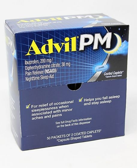 Box of DSP Advil PM 50-count OTC medicine tablets for pain relief and sleep aid, featuring packaging with product branding.