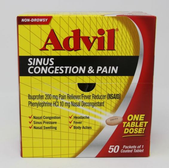 OTC Medicine Advil Sinus Congestion tablets in a box, 50-count, used for relief of sinus and congestion symptoms.