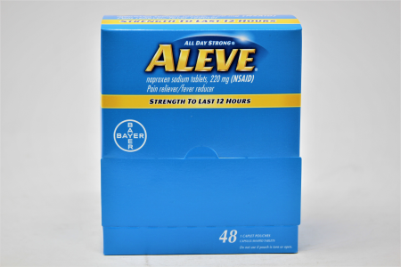 Box of DSP Aleve 25-count OTC medicine with pain relief tablets in blister packs.