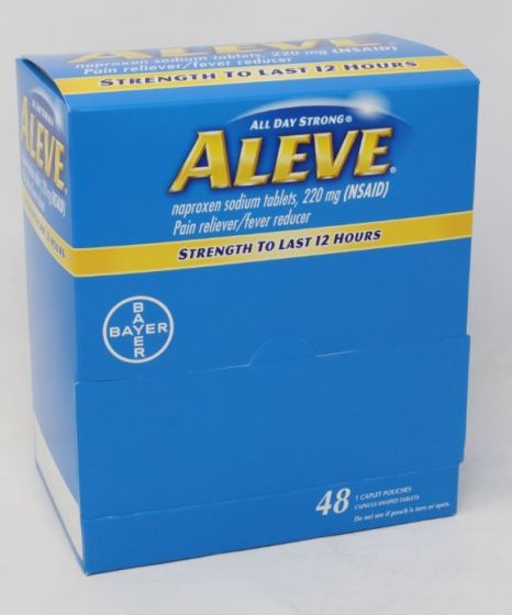 Box of DSP* ALEVE 48-count OTC medicine tablets in blister packaging, branded OTC Medicine for pain relief.