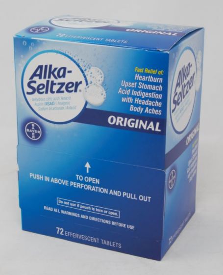 Box of DSP Alka Seltzer 72's OTC medicines showing the packaging with branding and product details on the label.