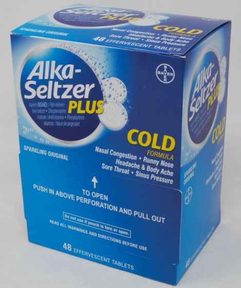 Box of DSP Alka Seltzer Plus 48-count OTC medicine tablets in a white packaging with blue and red accents.