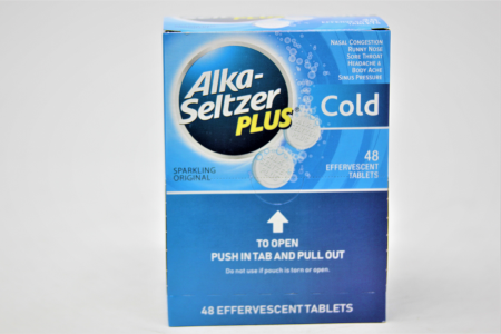 Box of DSP Alka-Seltzer Plus cold and flu relief OTC medicine, 50-count packet with branded packaging.