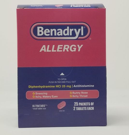 Box of DSP Benadryl 60 allergy relief tablets from OTC Medicine, showing the packaging with product label and branding.