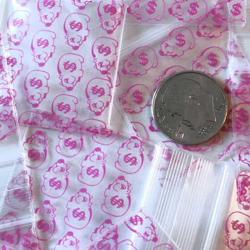 Resealable Original Apple Bags with piggy bank design, made by Apple Bags, featuring bright apple illustrations and secure closure.
