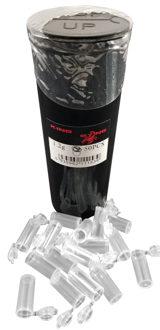 King Sting Mini Pop Top 50 (2cm x 1cm, 1.2 Gram) Plastic Containers w/60 Dram Prescription RX Black Squeeze Top Pill Container - The Baggie Store