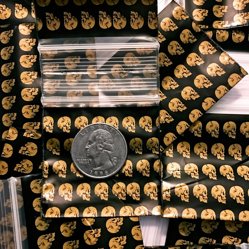 2020 Original Mini Ziplock 2.5mil Plastic Bags 2" x 2" Reclosable Baggies (Gold Skulls) - The Baggie Store